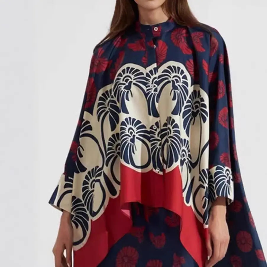 Printed Patchwork Peplum Shirt And Wide-Leg Pants Set ODMPOD