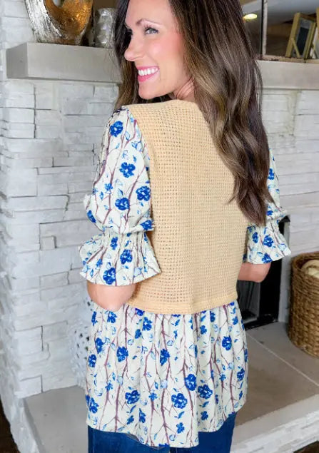 Beige Waffle Floral Patchwork Short Flounce Sleeve Peplum Blouse ODMPOD