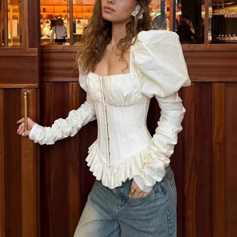 Square Neck Puff Sleeve Corset Peplum Top ODMPOD