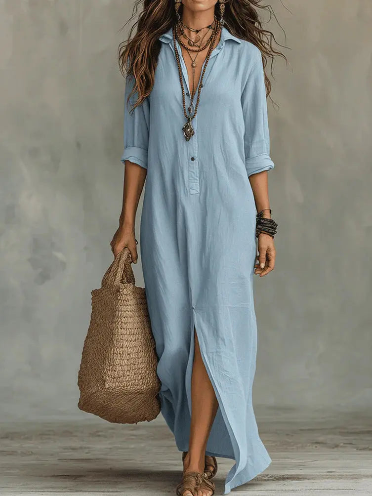 Long-sleeve Maxi Dress Casual Solid Color Lapel Collar Side Slit Beach Dresses Women's Clothing Eternal Bloom Co