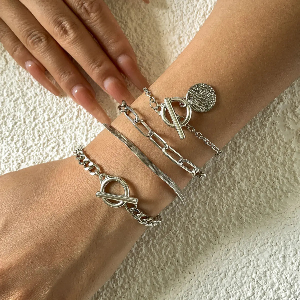 Punk Metal Chain Bracelet 4-Piece Set  Hollow Geometric Flat Snake Bone Cuff  Edgy Hip-Hop Jewelry In Gold & Silver ODMPOD
