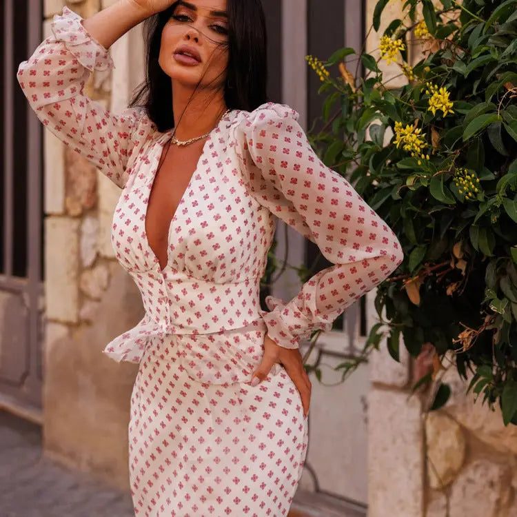 Cross Print Two-Piece Peplum Set ODMPOD