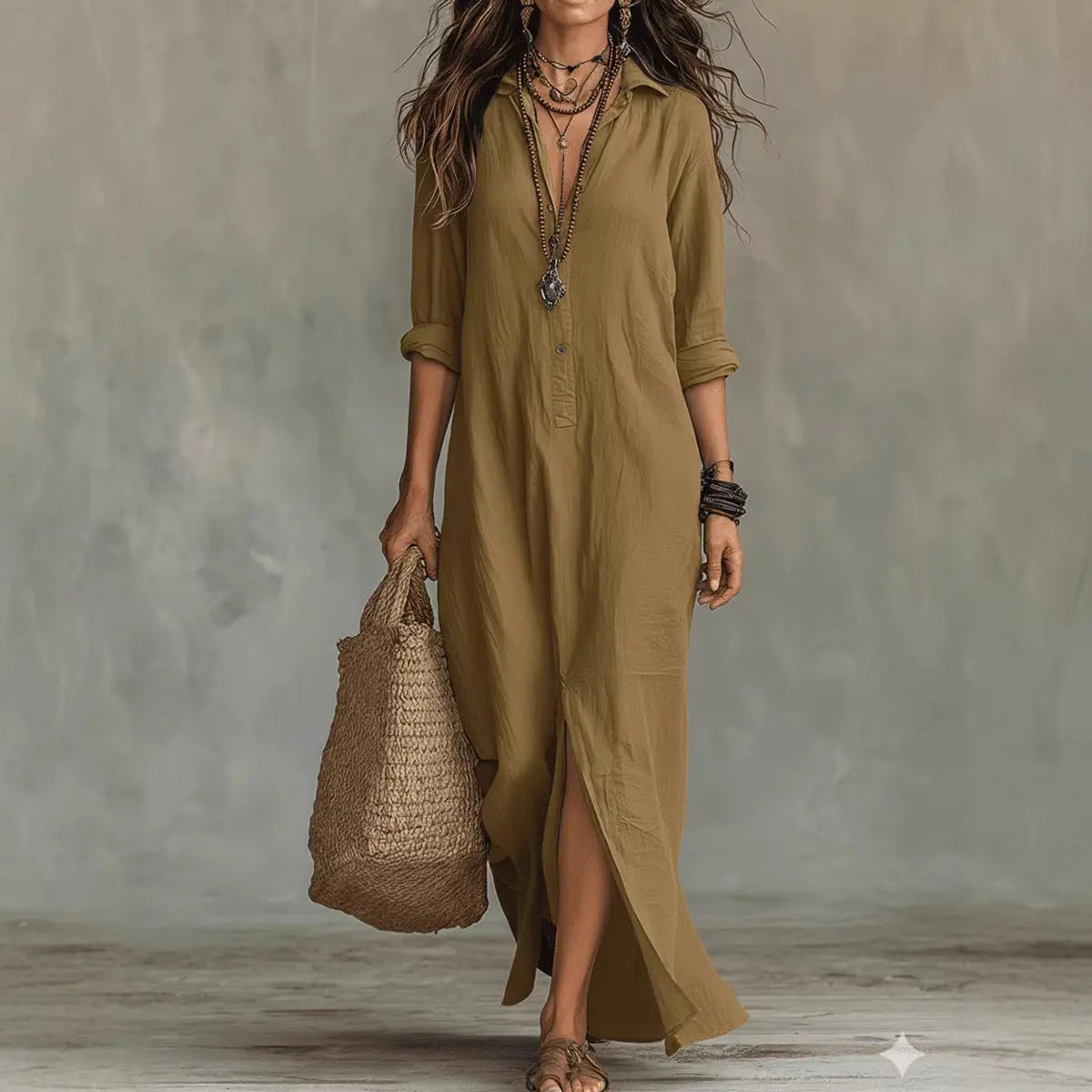 Long-sleeve Maxi Dress Casual Solid Color Lapel Collar Side Slit Beach Dresses Women's Clothing Eternal Bloom Co