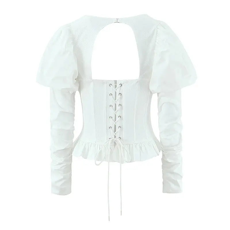 Square Neck Puff Sleeve Corset Peplum Top ODMPOD