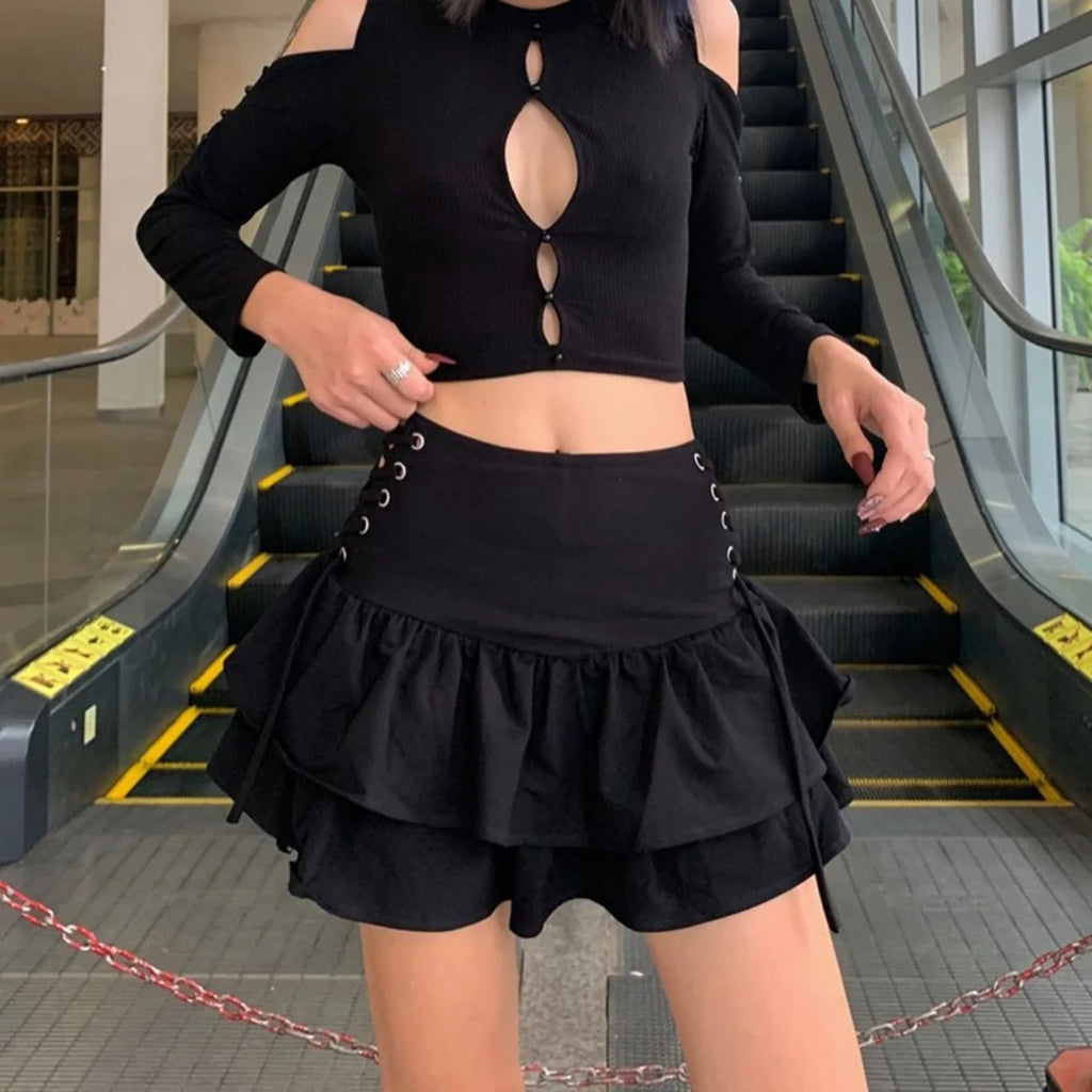 Streetwear Mall Goth Sexy Short Skirt Women Harajuku Y2k High Waist Bandage Pleated Mini Skirt Female Gothic Outfit Club Wear Eternal Bloom Co