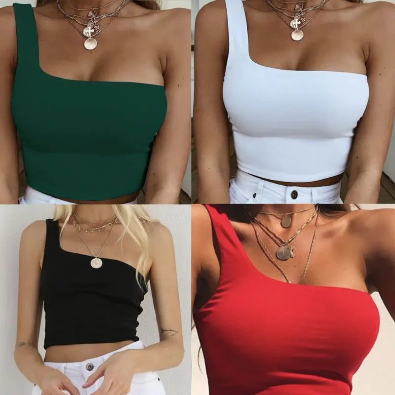 Women Lady Female One Shoulder Crop Tops Sleeveless T-Shirt Tank Tops Summer Beach Vest Bare Midriff Summer Fashion Clothes Eternal Bloom Co