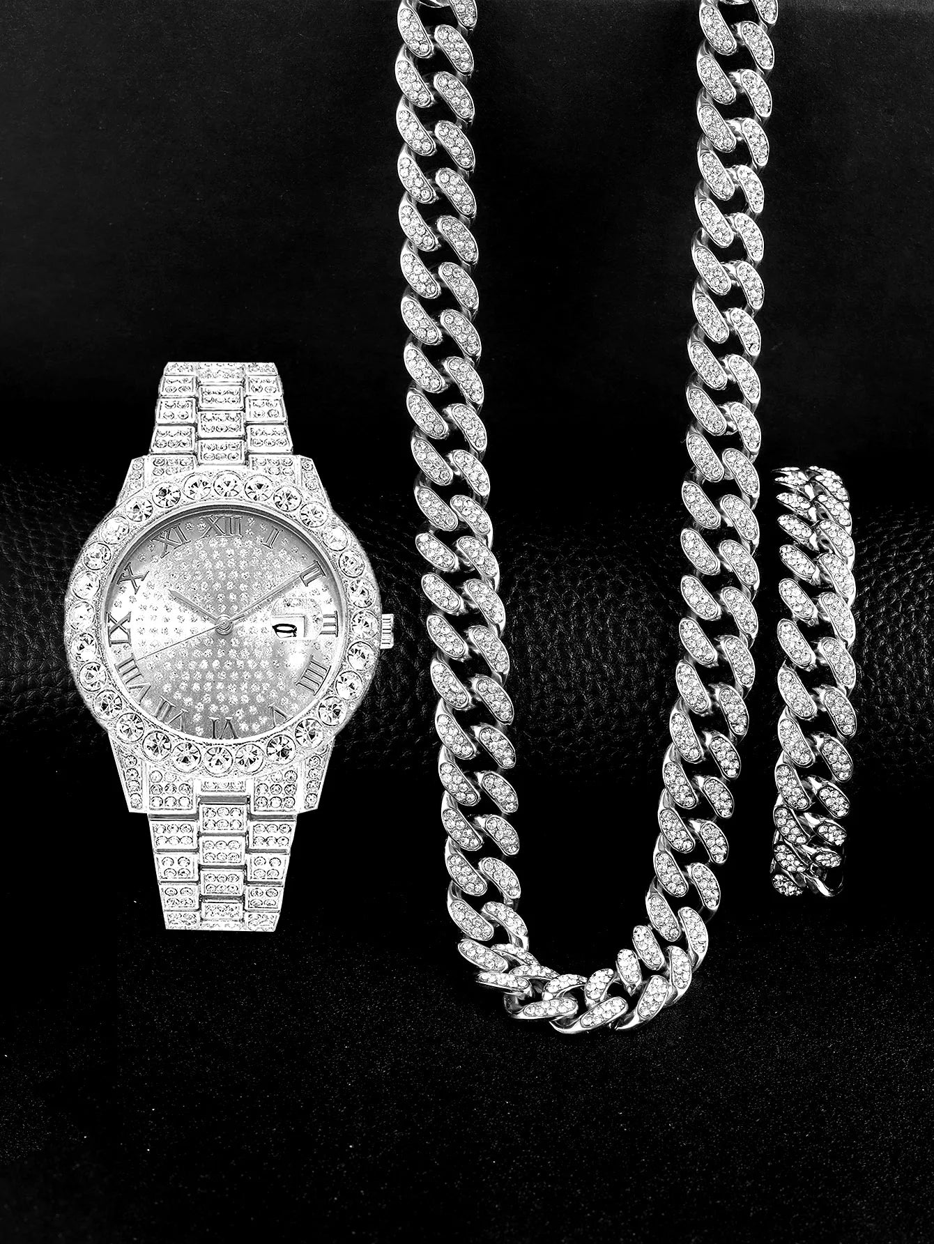3PCS luxury alloy full diamond rhinestone mirror men's quartz watch with calendar and Hip Hop Cuban Necklace bracelet set Eternal Bloom Co