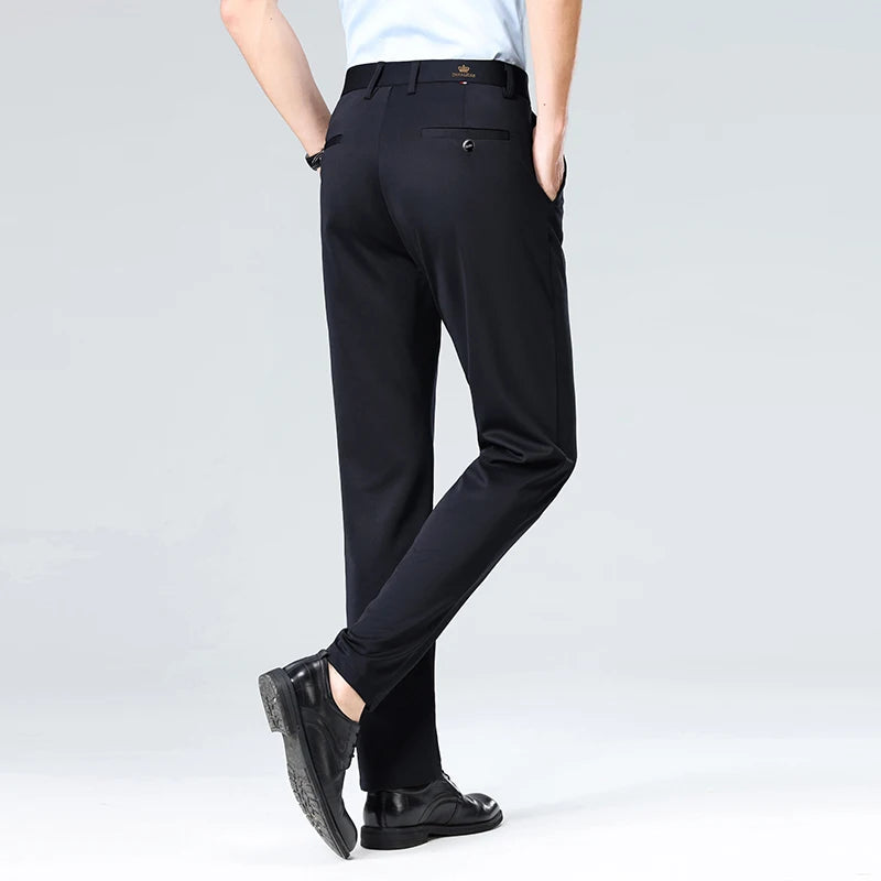 High-stretch fabric men's business trousers suitable for all seasons, featuring an elastic waistband and classic office/work for Eternal Bloom Co