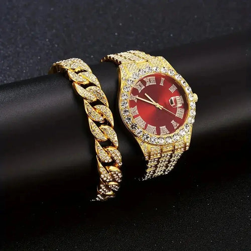 3PCS luxury alloy full diamond rhinestone mirror men's quartz watch with calendar and Hip Hop Cuban Necklace bracelet set Eternal Bloom Co