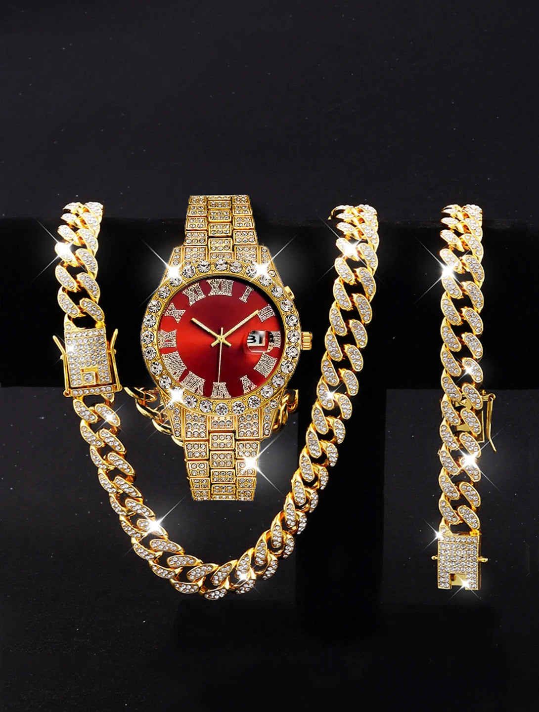 3PCS luxury alloy full diamond rhinestone mirror men's quartz watch with calendar and Hip Hop Cuban Necklace bracelet set Eternal Bloom Co