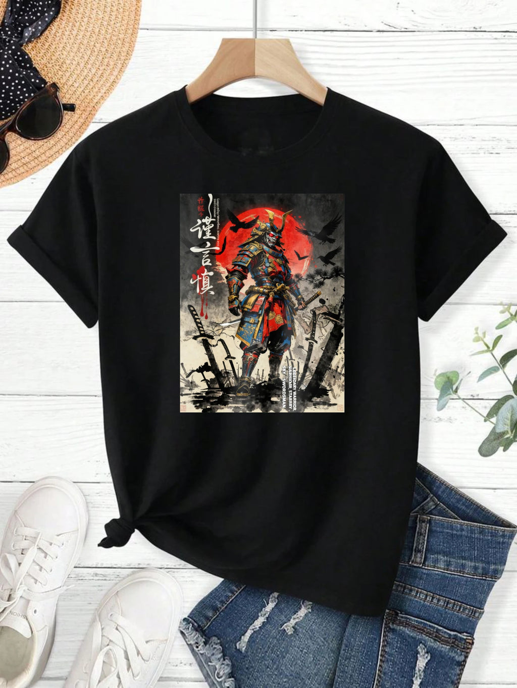100% pure cotton short sleeved T-shirt Samurai Warrior Standing With Sword Red Moon Background Japanese Calligraphy Artwork Traditional Style Design Easy to wear and match, comfortable and fashionable, suitable for all season Eternal Bloom Co