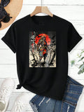 100% pure cotton short sleeved T-shirt Samurai Warrior Standing With Sword Red Moon Background Japanese Calligraphy Artwork Traditional Style Design Easy to wear and match, comfortable and fashionable, suitable for all season Eternal Bloom Co