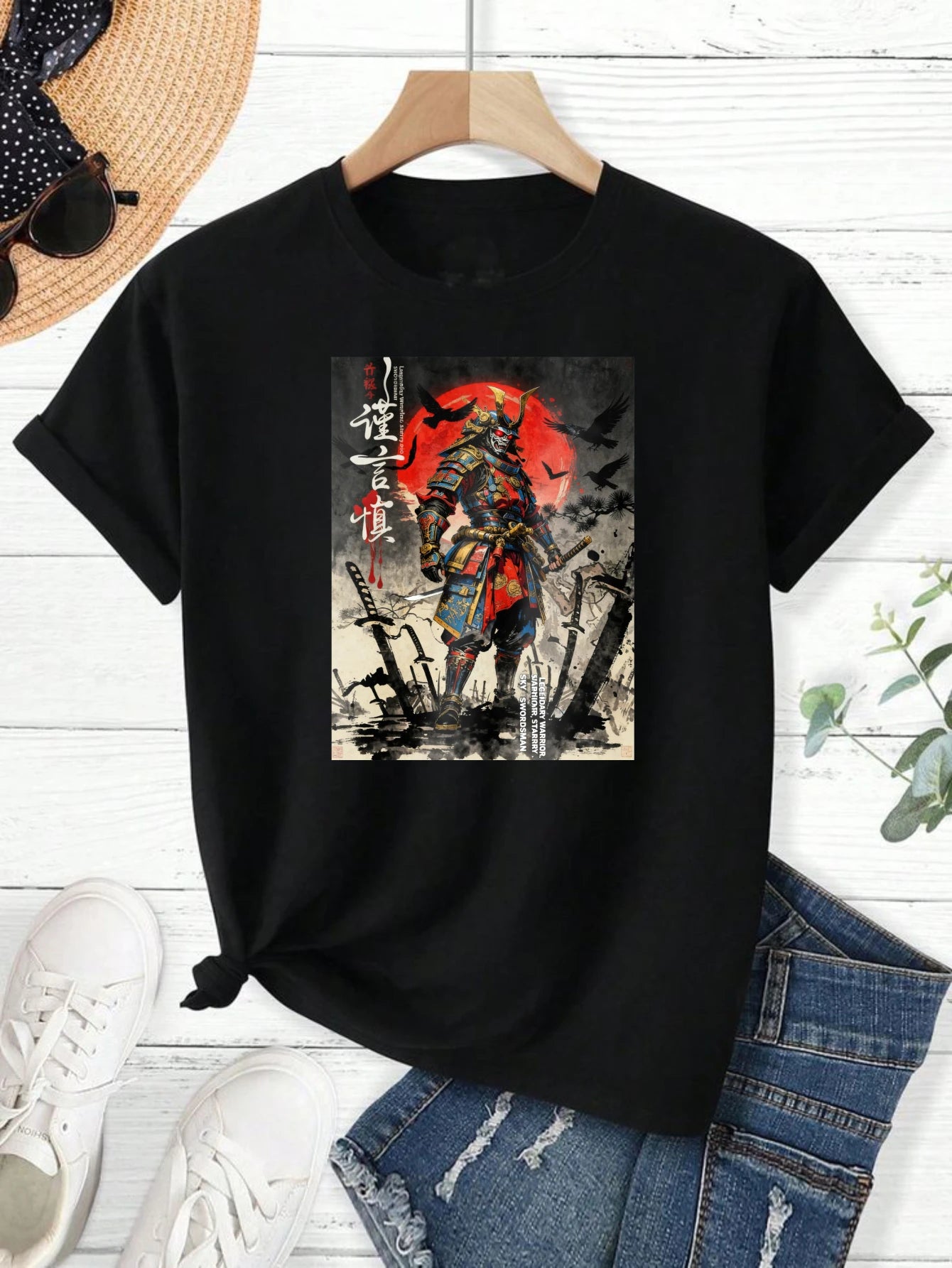 100% pure cotton short sleeved T-shirt Samurai Warrior Standing With Sword Red Moon Background Japanese Calligraphy Artwork Traditional Style Design Easy to wear and match, comfortable and fashionable, suitable for all season Eternal Bloom Co