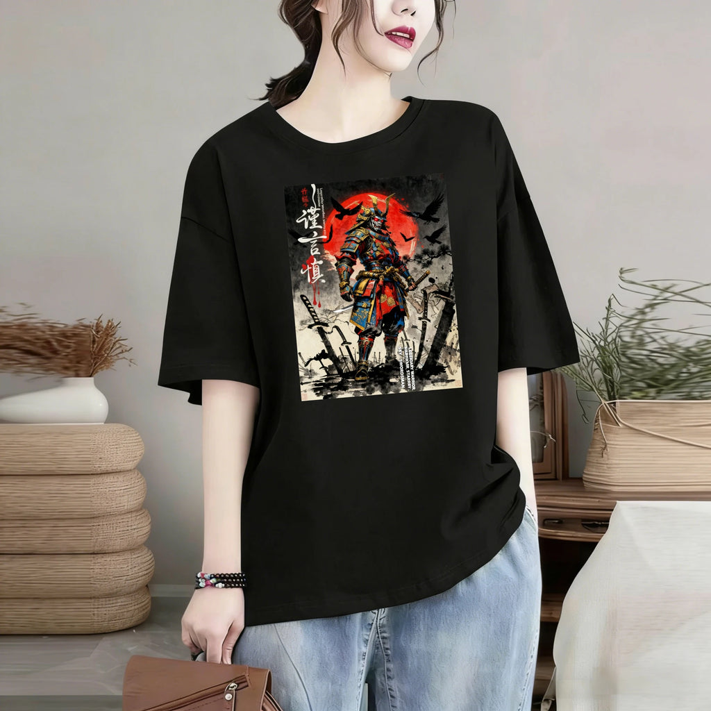 100% pure cotton short sleeved T-shirt Samurai Warrior Standing With Sword Red Moon Background Japanese Calligraphy Artwork Traditional Style Design Easy to wear and match, comfortable and fashionable, suitable for all season Eternal Bloom Co