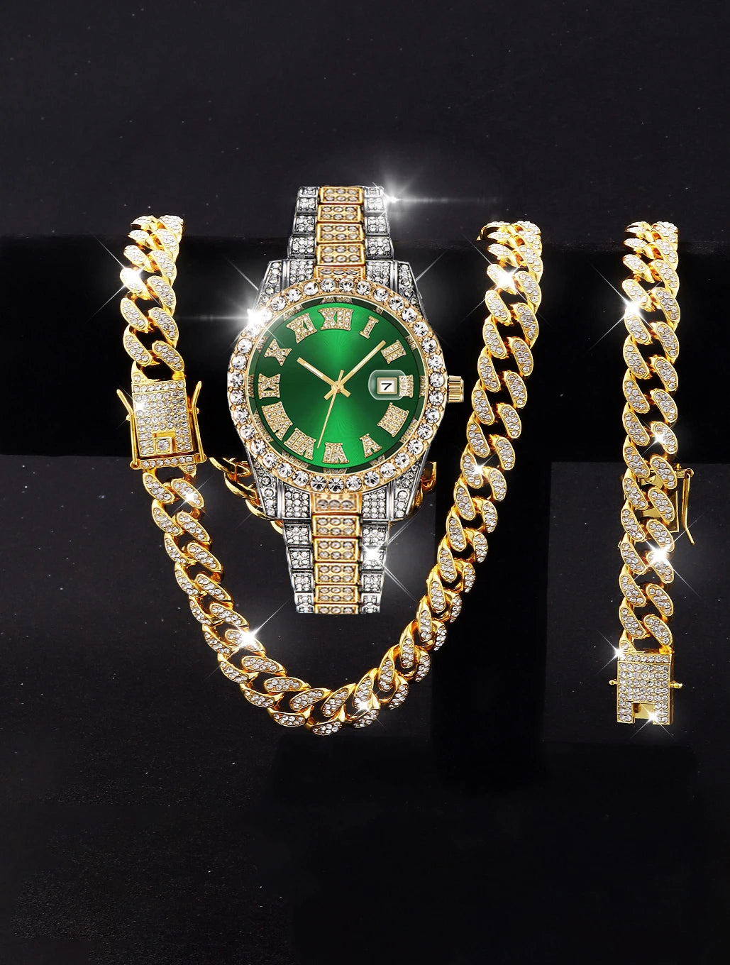 3PCS luxury alloy full diamond rhinestone mirror men's quartz watch with calendar and Hip Hop Cuban Necklace bracelet set Eternal Bloom Co