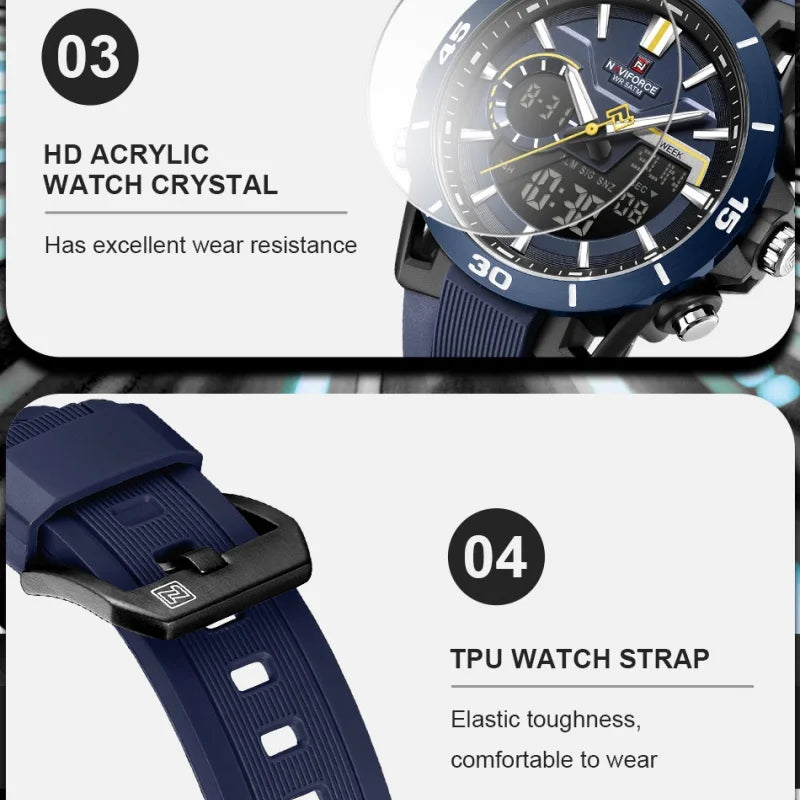 High Quality NAVIFORCE Casual Men Dual Watch Sport Water Resistant Countdown Wristwatch Man chronograph Alarm Clock Reloj Hombre Eternal Bloom Co