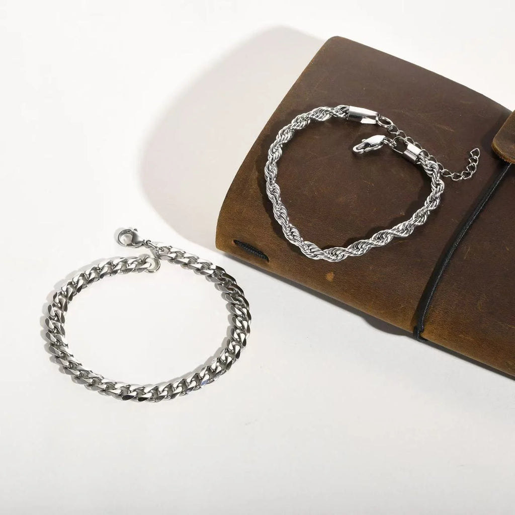 2pcs Men's Chain Bracelets,Stainless Steel Silvery Golden Black Color Twist Rope Chain Wristband,Trendy Cuban Link Chains Gift Eternal Bloom Co