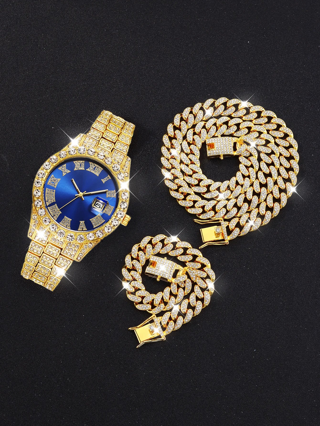 3PCS luxury alloy full diamond rhinestone mirror men's quartz watch with calendar and Hip Hop Cuban Necklace bracelet set Eternal Bloom Co