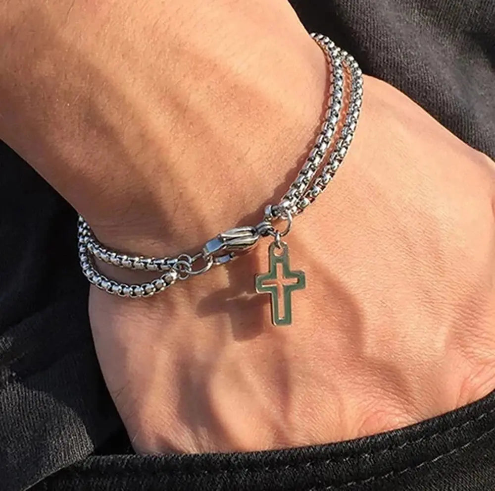 Men's Fashion Double Chain Cross Hollow Wrist Bracelets Lobster Claw Clasp Stainless Steel Bracelet Hip Hop Punk Party Jewelry Eternal Bloom Co