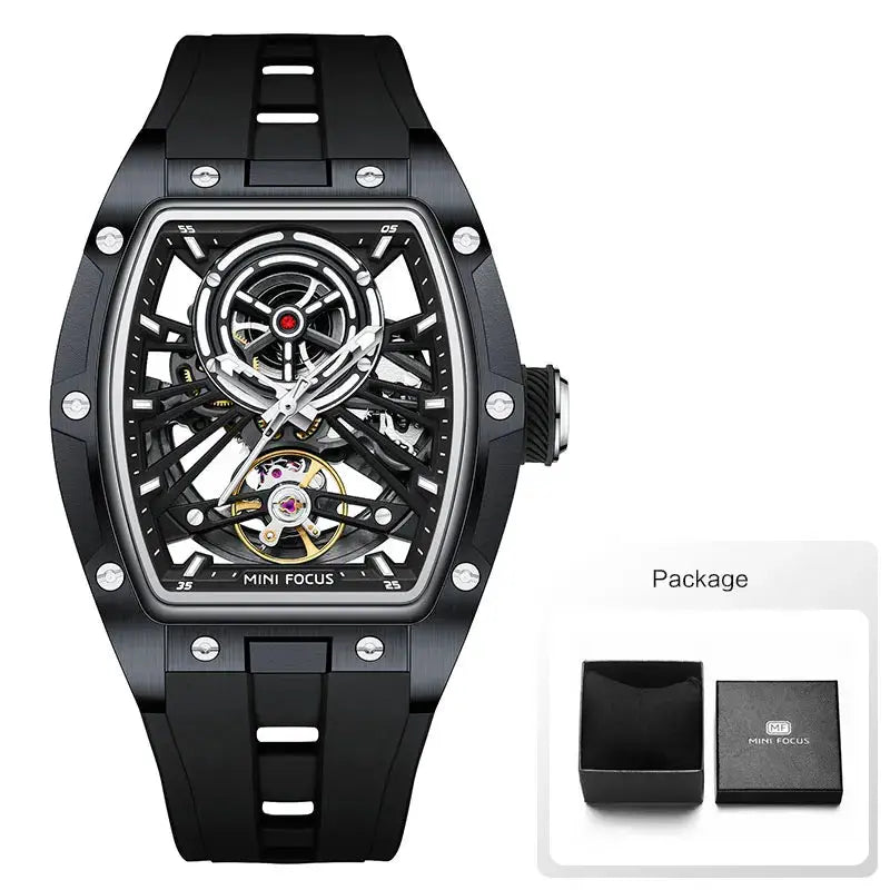 MINI FOCUS Men Wristwatch Fashion Black Waterproof Automatic Mechanical Watch with Luminous Hands Silicone Strap Tonneau Dial Eternal Bloom Co