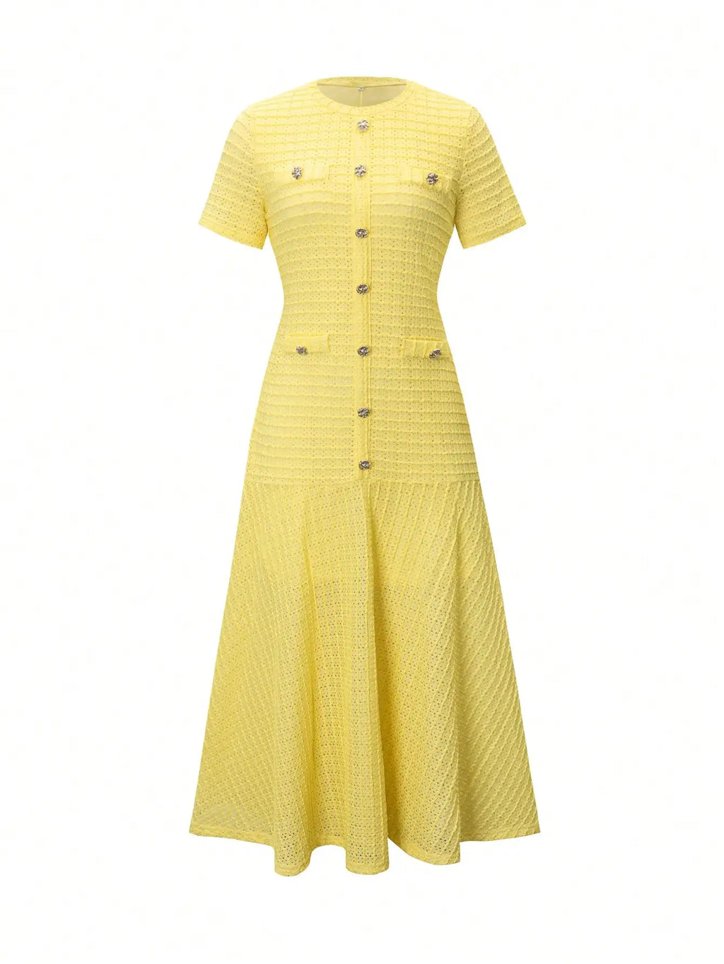 Yellow Textured Knit Midi Dress with Front Buttons and Faux Pockets Eternal Bloom Co