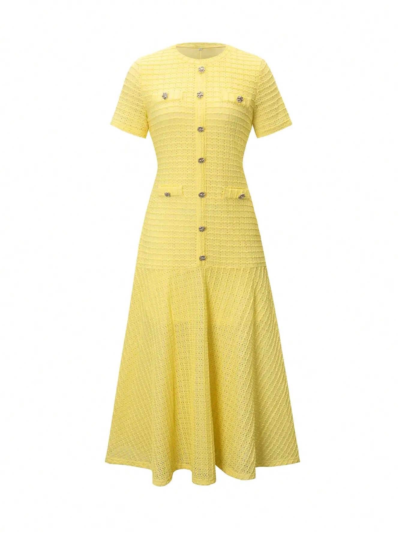 Yellow Textured Knit Midi Dress with Front Buttons and Faux Pockets Eternal Bloom Co