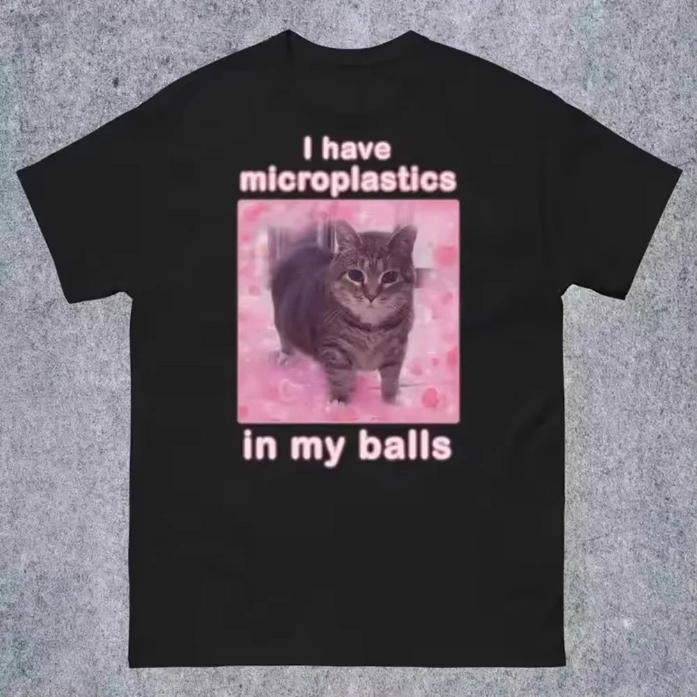 I Have Microplastics in My Balls Funny Cat Meme Haikyuu Men Clothing Short Sleeve Round Neck Printing Pullover T-shirt 50265 Eternal Bloom Co