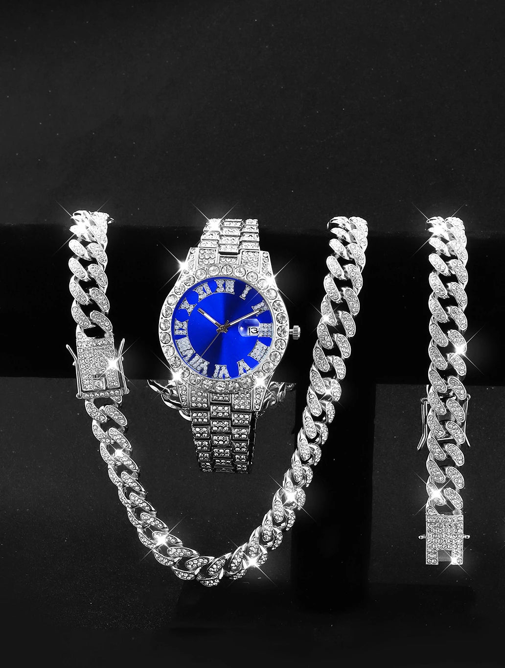 3PCS luxury alloy full diamond rhinestone mirror men's quartz watch with calendar and Hip Hop Cuban Necklace bracelet set Eternal Bloom Co