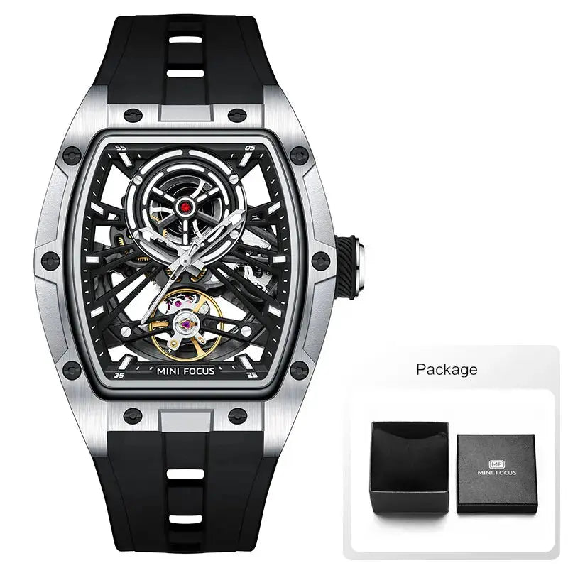 MINI FOCUS Men Wristwatch Fashion Black Waterproof Automatic Mechanical Watch with Luminous Hands Silicone Strap Tonneau Dial Eternal Bloom Co