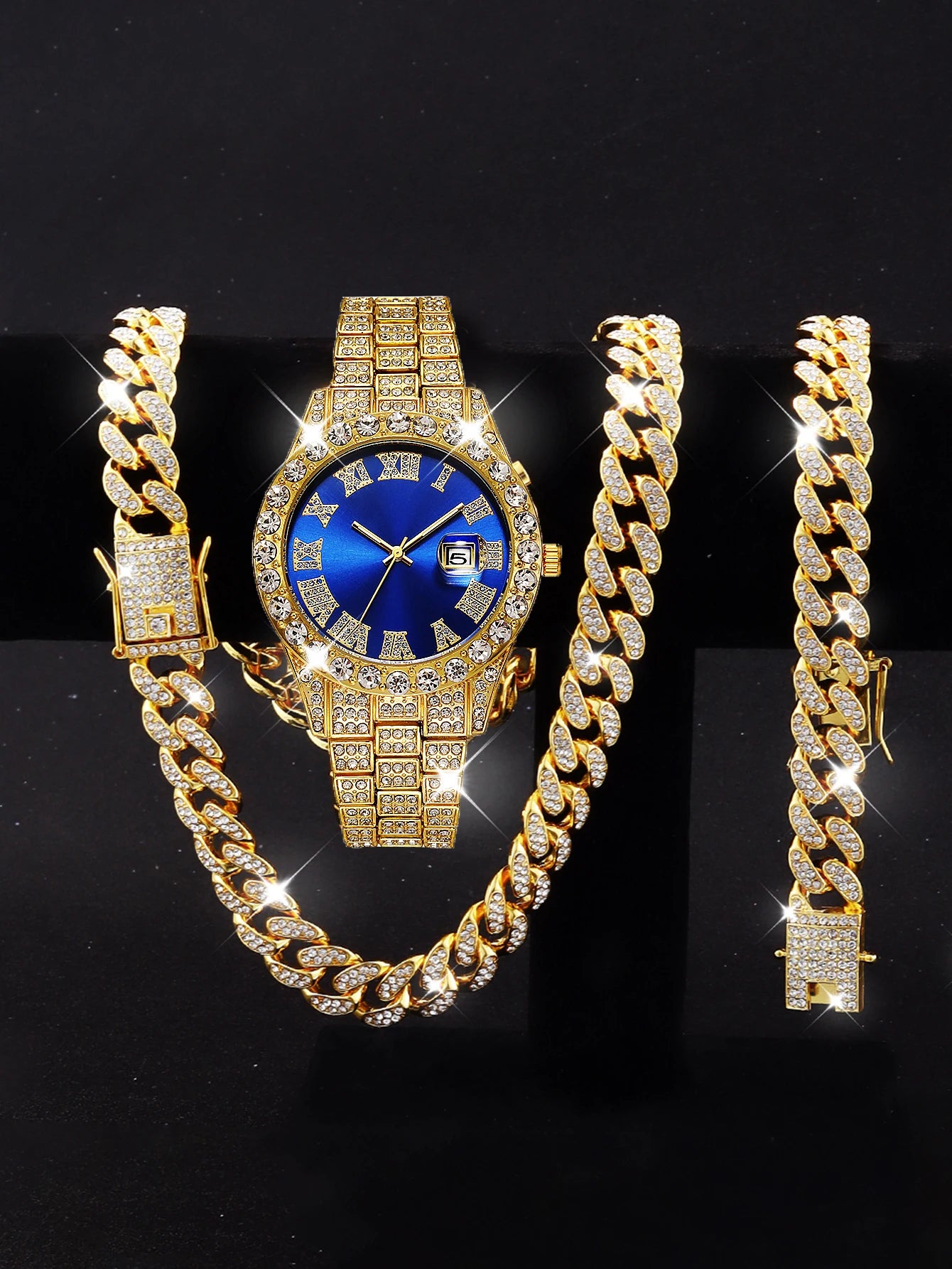 3PCS luxury alloy full diamond rhinestone mirror men's quartz watch with calendar and Hip Hop Cuban Necklace bracelet set Eternal Bloom Co