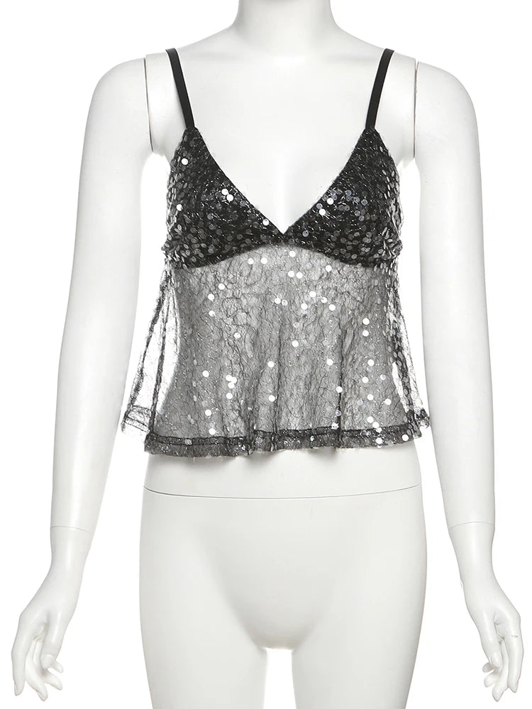 Weird Puss Sequins Patchwork Mesh Camisole Women v-Neck Sexy Backless Summer Trend Street Midnight Versatile Hottie Classic Tops Eternal Bloom Co