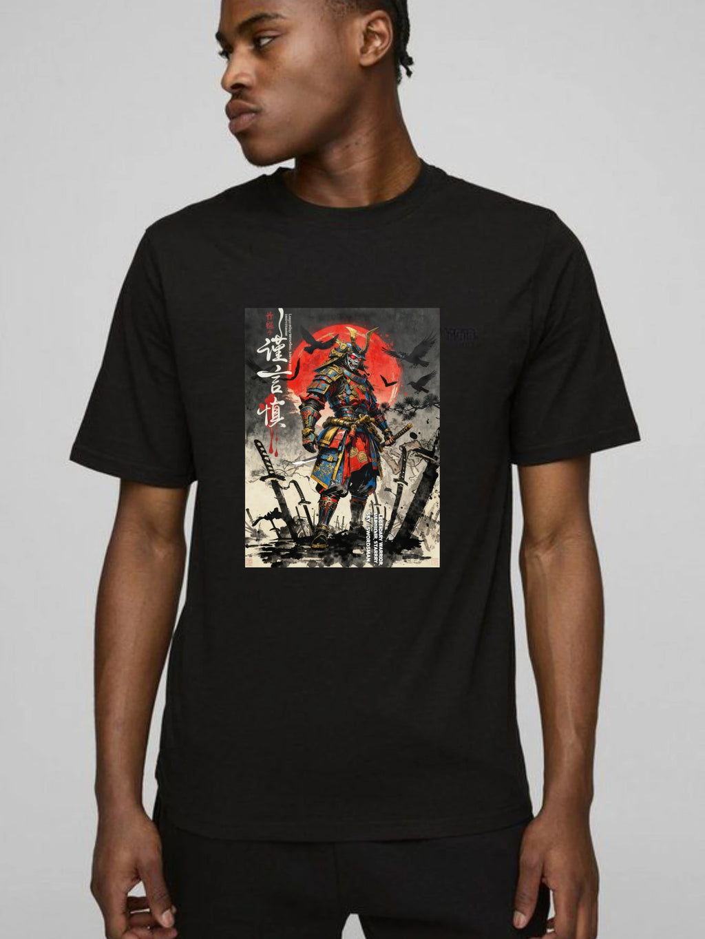 100% pure cotton short sleeved T-shirt Samurai Warrior Standing With Sword Red Moon Background Japanese Calligraphy Artwork Traditional Style Design Easy to wear and match, comfortable and fashionable, suitable for all season Eternal Bloom Co