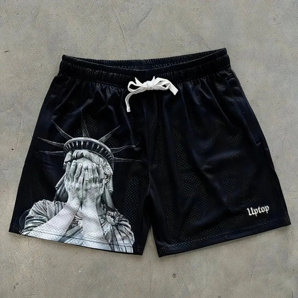 European and American men's summer Statue of Liberty print comfortable breathable drawstring shorts outdoor casual pants Eternal Bloom Co