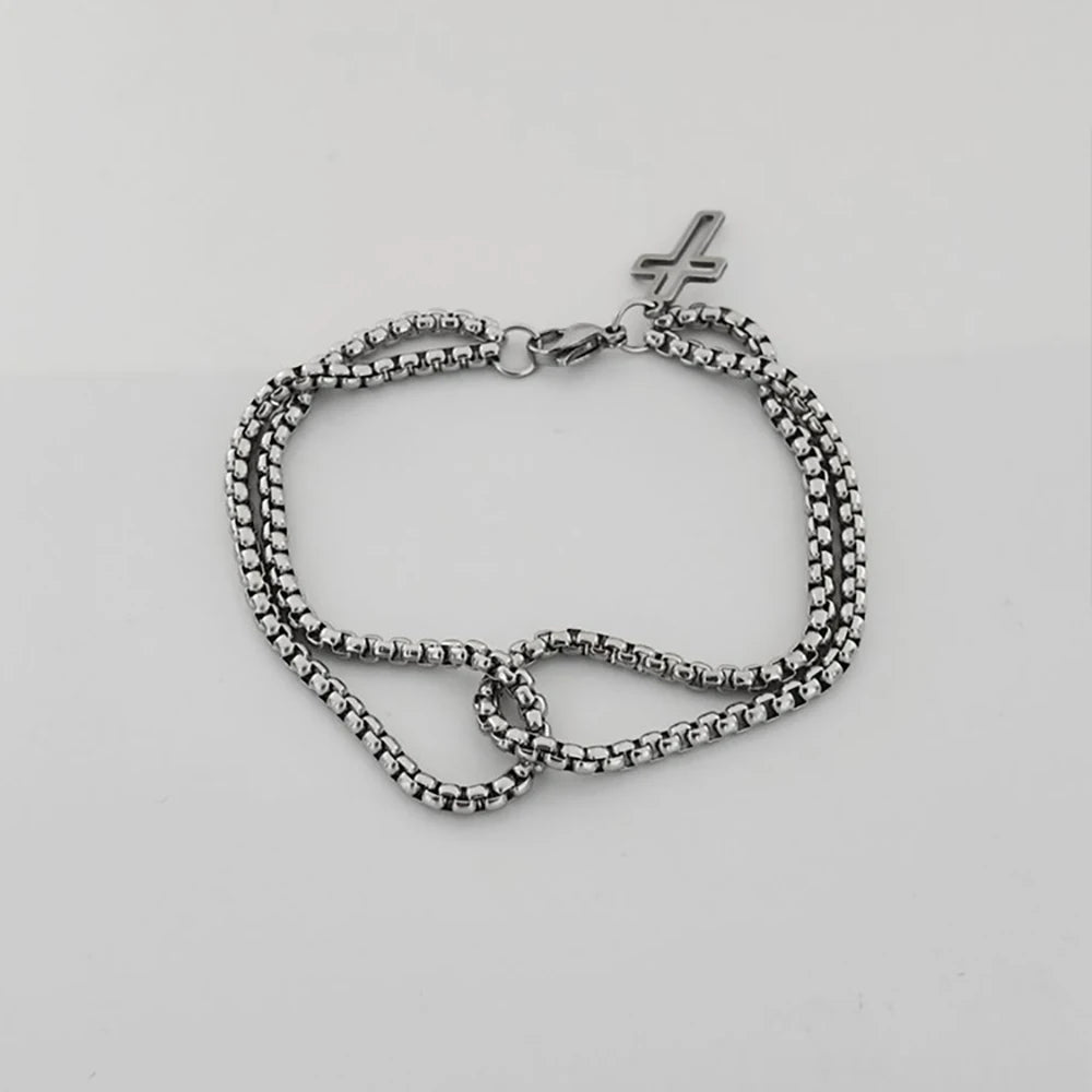Men's Fashion Double Chain Cross Hollow Wrist Bracelets Lobster Claw Clasp Stainless Steel Bracelet Hip Hop Punk Party Jewelry Eternal Bloom Co