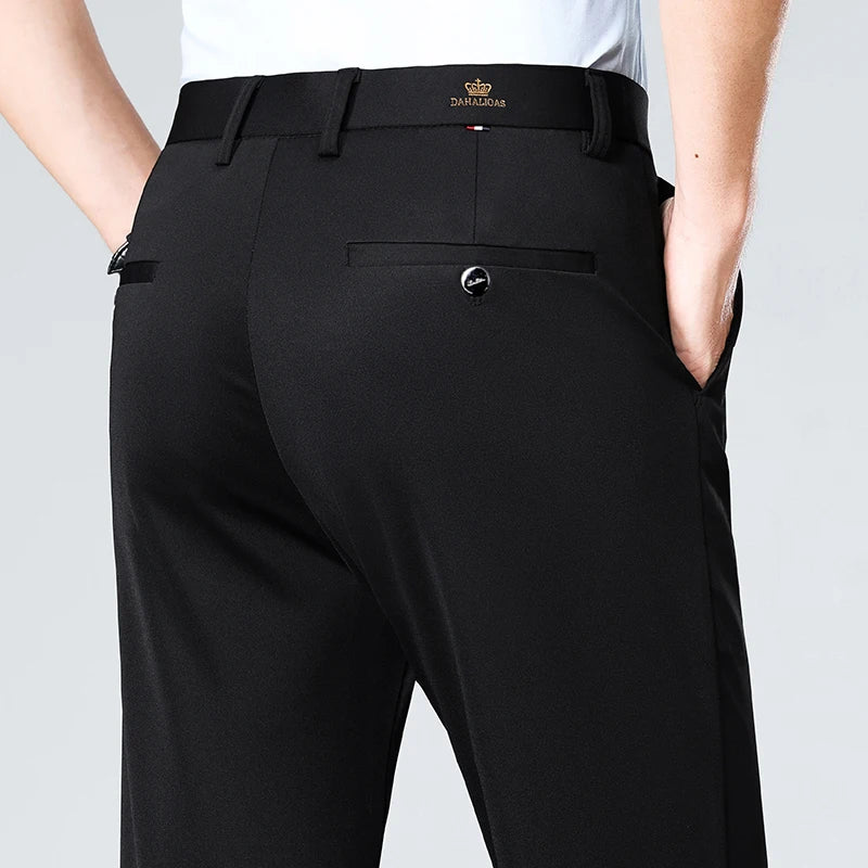 High-stretch fabric men's business trousers suitable for all seasons, featuring an elastic waistband and classic office/work for Eternal Bloom Co