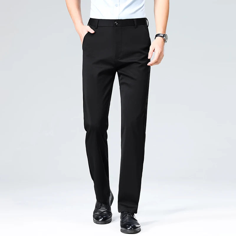 High-stretch fabric men's business trousers suitable for all seasons, featuring an elastic waistband and classic office/work for Eternal Bloom Co