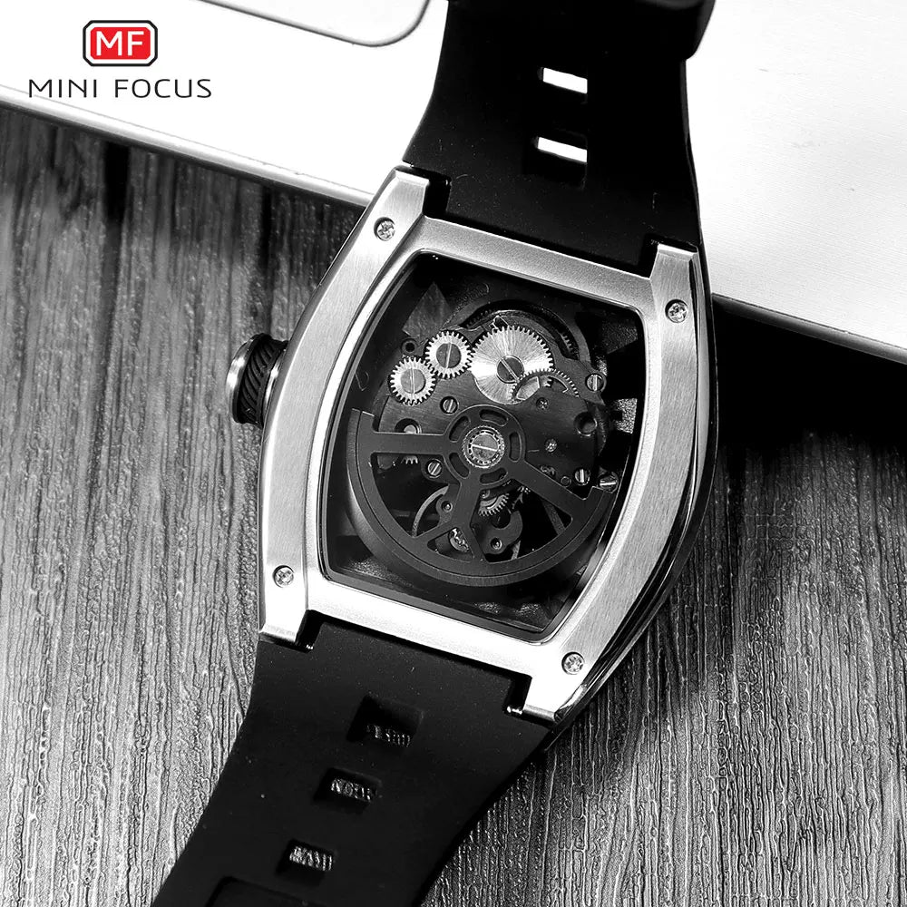MINI FOCUS Men Wristwatch Fashion Black Waterproof Automatic Mechanical Watch with Luminous Hands Silicone Strap Tonneau Dial Eternal Bloom Co