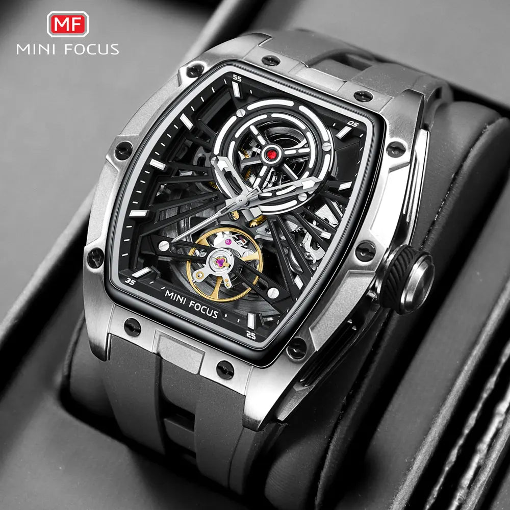 MINI FOCUS Men Wristwatch Fashion Black Waterproof Automatic Mechanical Watch with Luminous Hands Silicone Strap Tonneau Dial Eternal Bloom Co