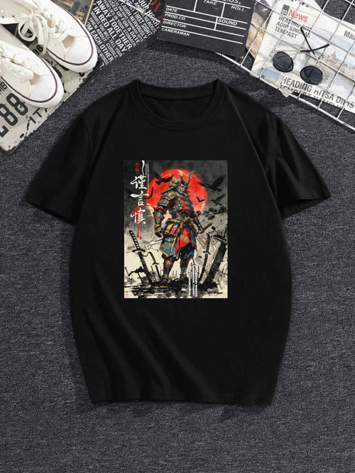 100% pure cotton short sleeved T-shirt Samurai Warrior Standing With Sword Red Moon Background Japanese Calligraphy Artwork Traditional Style Design Easy to wear and match, comfortable and fashionable, suitable for all season Eternal Bloom Co