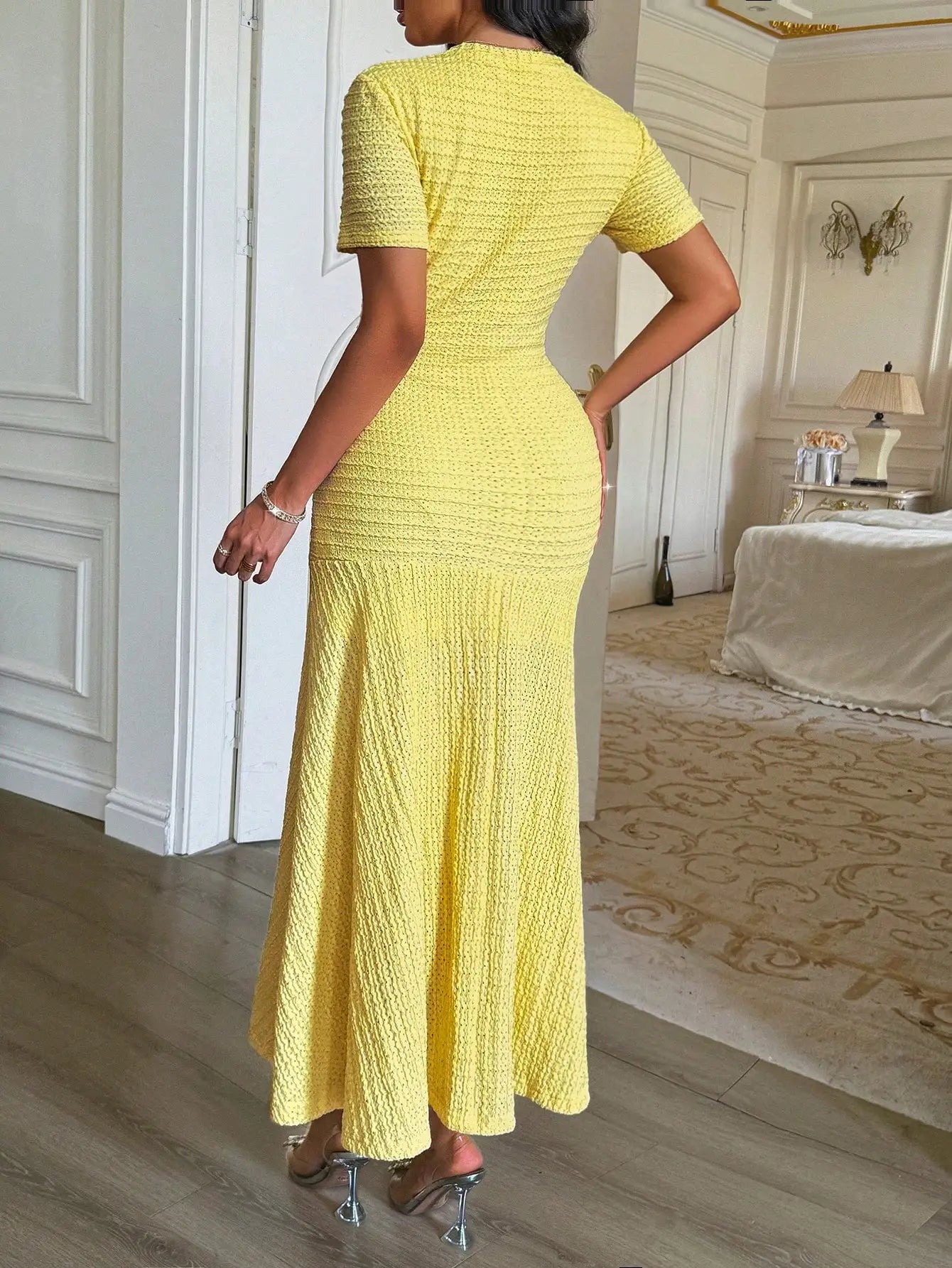 Yellow Textured Knit Midi Dress with Front Buttons and Faux Pockets Eternal Bloom Co