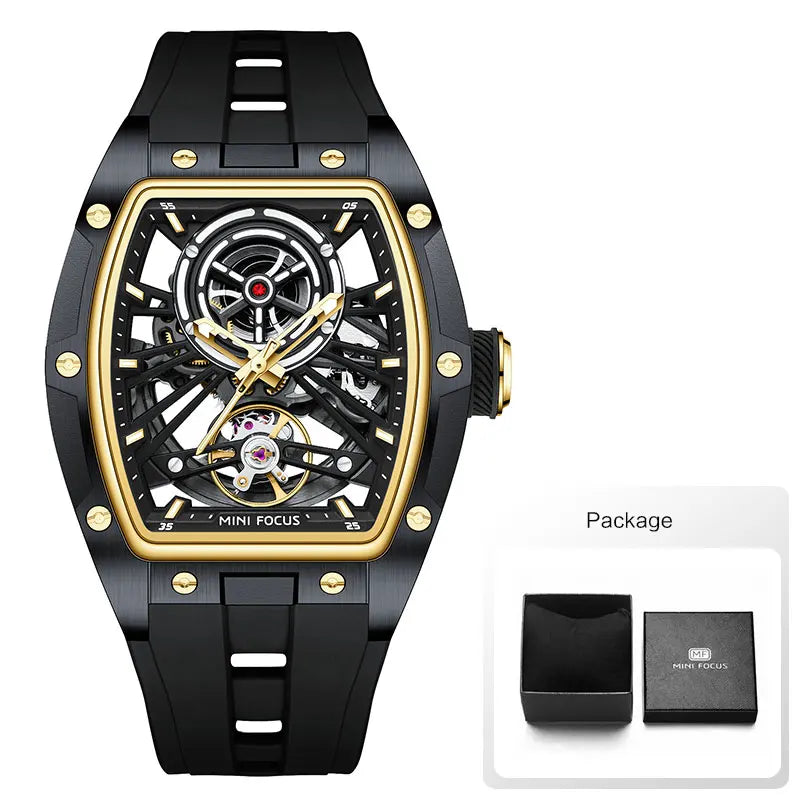 MINI FOCUS Men Wristwatch Fashion Black Waterproof Automatic Mechanical Watch with Luminous Hands Silicone Strap Tonneau Dial Eternal Bloom Co