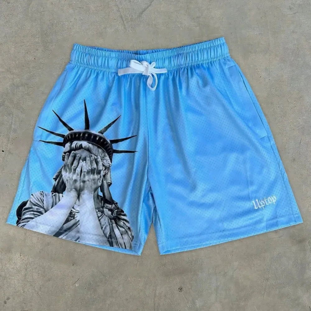 European and American men's summer Statue of Liberty print comfortable breathable drawstring shorts outdoor casual pants Eternal Bloom Co