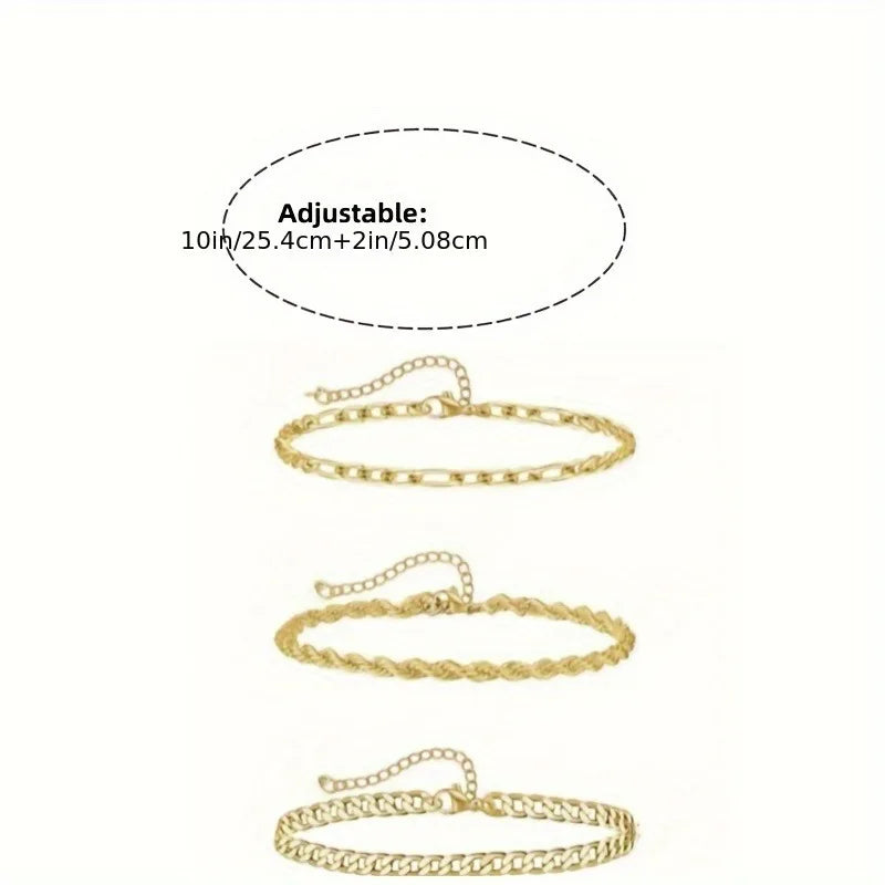 3pcs/set Flat Snake Chain Fried Dough Twists Chain Anklet Set Women's Beach Vacation Fashion Foot Jewelry Eternal Bloom Co