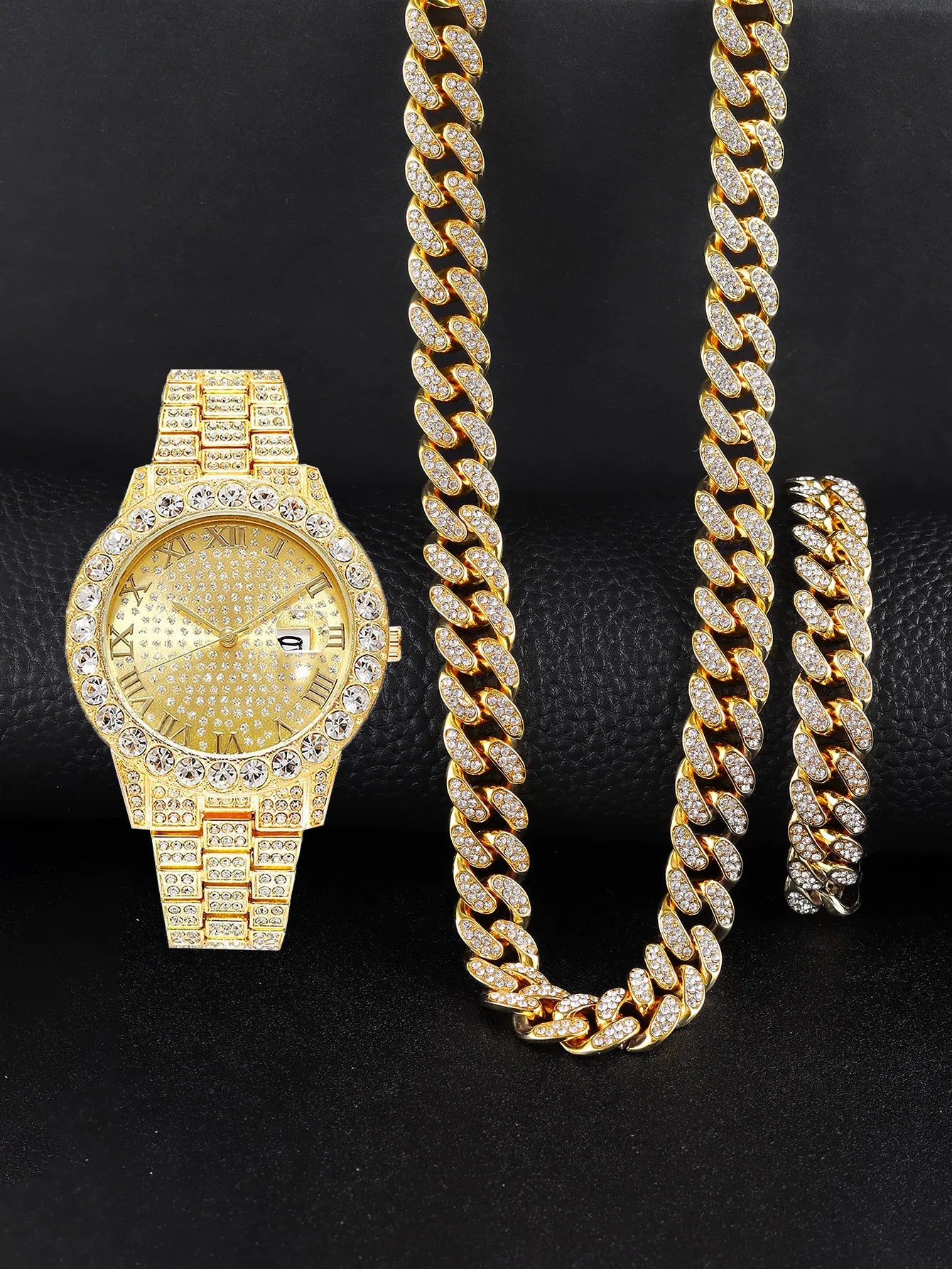 3PCS luxury alloy full diamond rhinestone mirror men's quartz watch with calendar and Hip Hop Cuban Necklace bracelet set Eternal Bloom Co