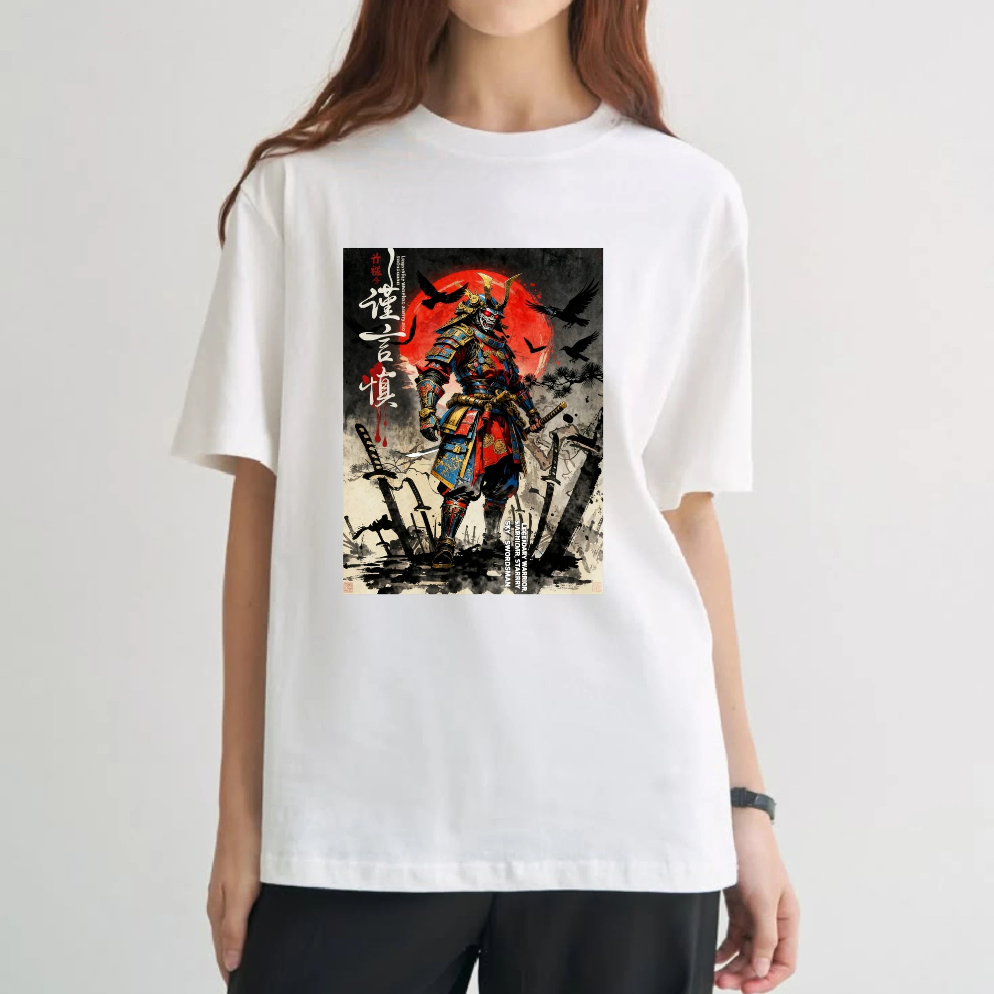 100% pure cotton short sleeved T-shirt Samurai Warrior Standing With Sword Red Moon Background Japanese Calligraphy Artwork Traditional Style Design Easy to wear and match, comfortable and fashionable, suitable for all season Eternal Bloom Co
