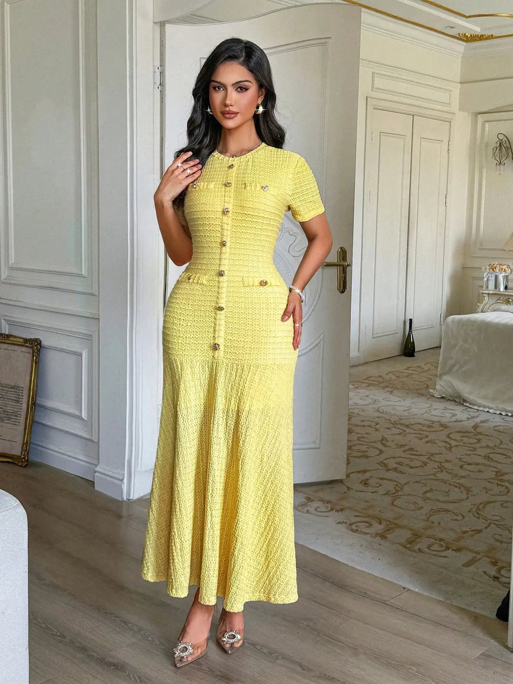 Yellow Textured Knit Midi Dress with Front Buttons and Faux Pockets Eternal Bloom Co