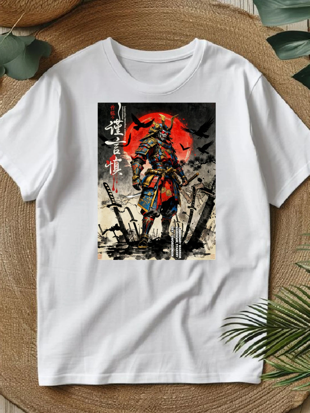 100% pure cotton short sleeved T-shirt Samurai Warrior Standing With Sword Red Moon Background Japanese Calligraphy Artwork Traditional Style Design Easy to wear and match, comfortable and fashionable, suitable for all season Eternal Bloom Co