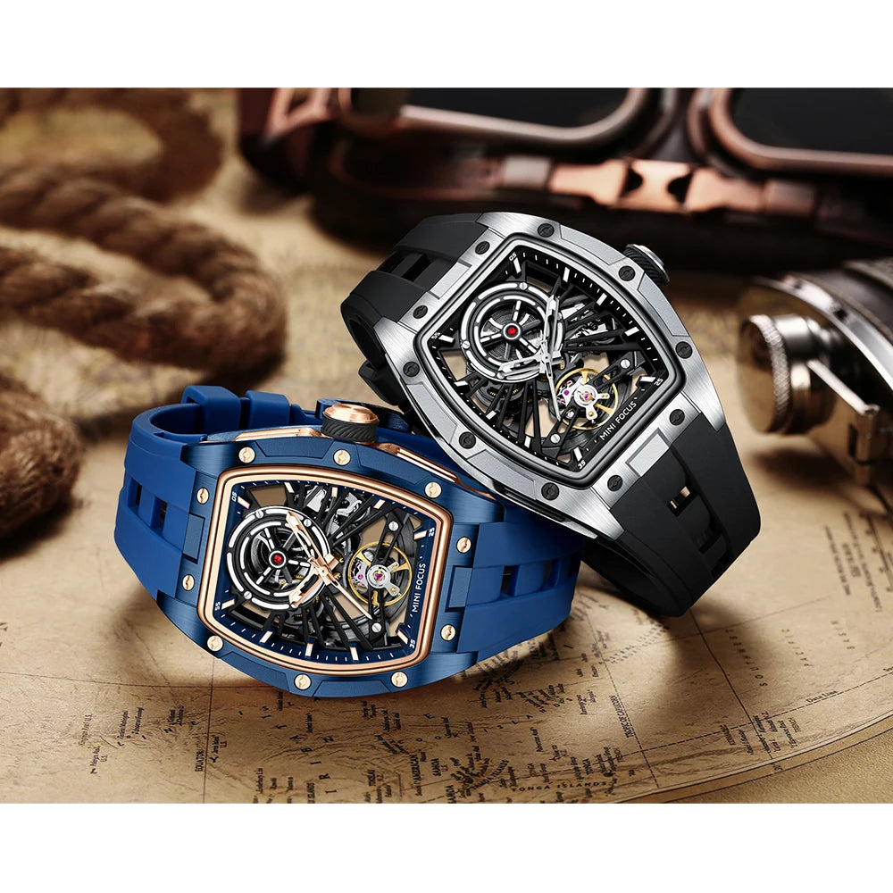 MINI FOCUS Men Wristwatch Fashion Black Waterproof Automatic Mechanical Watch with Luminous Hands Silicone Strap Tonneau Dial Eternal Bloom Co