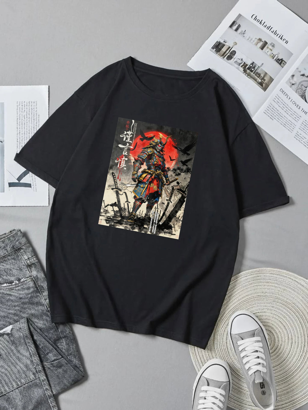 100% pure cotton short sleeved T-shirt Samurai Warrior Standing With Sword Red Moon Background Japanese Calligraphy Artwork Traditional Style Design Easy to wear and match, comfortable and fashionable, suitable for all season Eternal Bloom Co