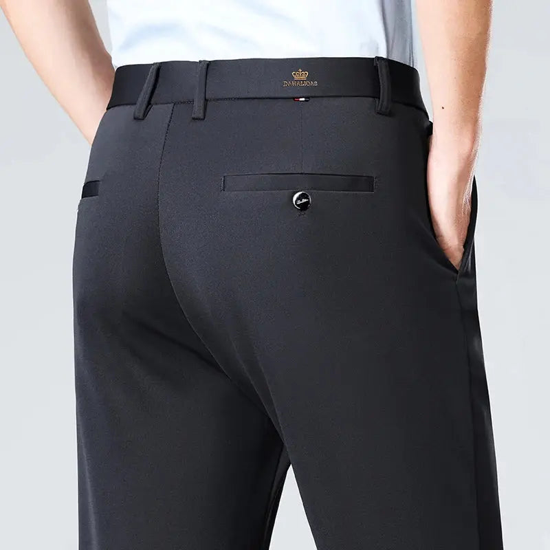 High-stretch fabric men's business trousers suitable for all seasons, featuring an elastic waistband and classic office/work for Eternal Bloom Co